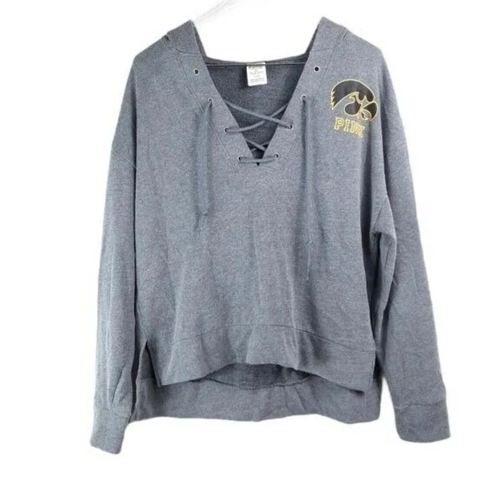 PINK Victoria's Secret x 5th & Ocean Gray Laced Hoodie S Iowa Hawkeyes Football
